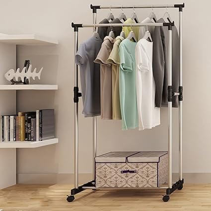 CHALISA Modern Clothes Drying Rack Double Pole Rail Rod Adjustable Outdoor Indoor Garment Rack Commercial Grade Adjustable Clothing Rack Supreme Rolling Rack Steel Multipurpose Cloth Hanger Rack - Image 5