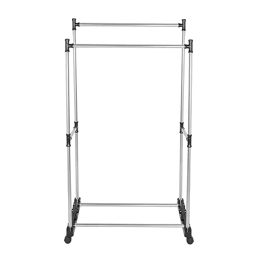 CHALISA Modern Clothes Drying Rack Double Pole Rail Rod Adjustable Outdoor Indoor Garment Rack Commercial Grade Adjustable Clothing Rack Supreme Rolling Rack Steel Multipurpose Cloth Hanger Rack - Image 2