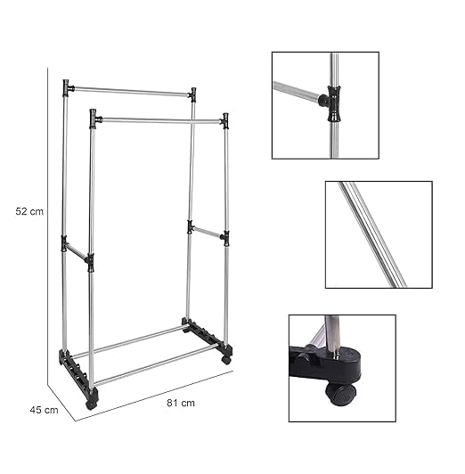 CHALISA Modern Clothes Drying Rack Double Pole Rail Rod Adjustable Outdoor Indoor Garment Rack Commercial Grade Adjustable Clothing Rack Supreme Rolling Rack Steel Multipurpose Cloth Hanger Rack - Image 4