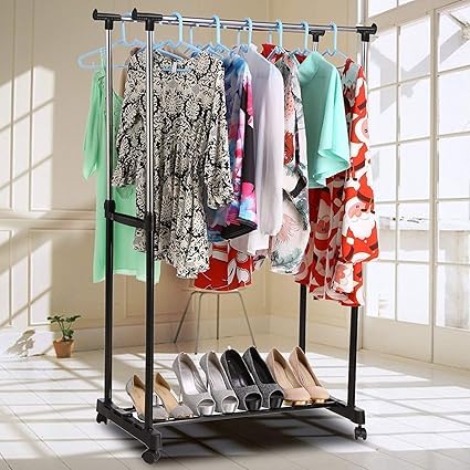 CHALISA Modern Clothes Drying Rack Double Pole Rail Rod Adjustable Outdoor Indoor Garment Rack Commercial Grade Adjustable Clothing Rack Supreme Rolling Rack Steel Multipurpose Cloth Hanger Rack - Image 1