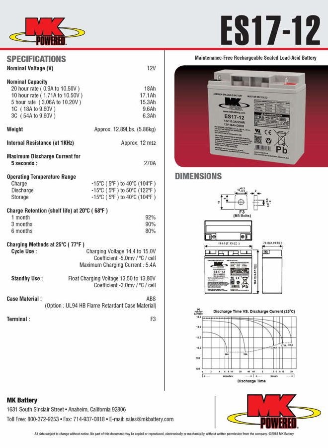 MK Battery بطاريات الطاقة ES17-12 12V 17Ah حمض الرصاص المغلقة - Image 2