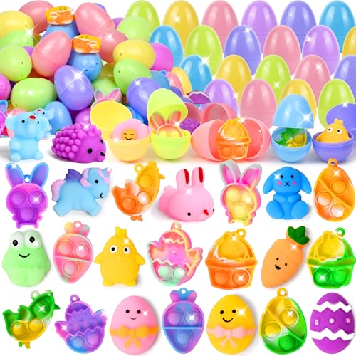 OCTERIC 24Pcs Prefilled Easter Eggs with Stress Relief Toys Filled with Mochi Squishy Pop Bubble Fidget Keychains Easter Hunt Basket Stuffers Fillers Party Favors Classroom Prizes for Kids - Image 1