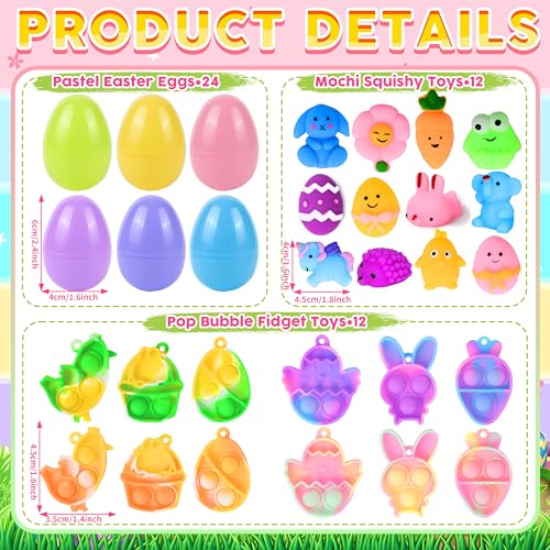 OCTERIC 24Pcs Prefilled Easter Eggs with Stress Relief Toys Filled with Mochi Squishy Pop Bubble Fidget Keychains Easter Hunt Basket Stuffers Fillers Party Favors Classroom Prizes for Kids - Image 5