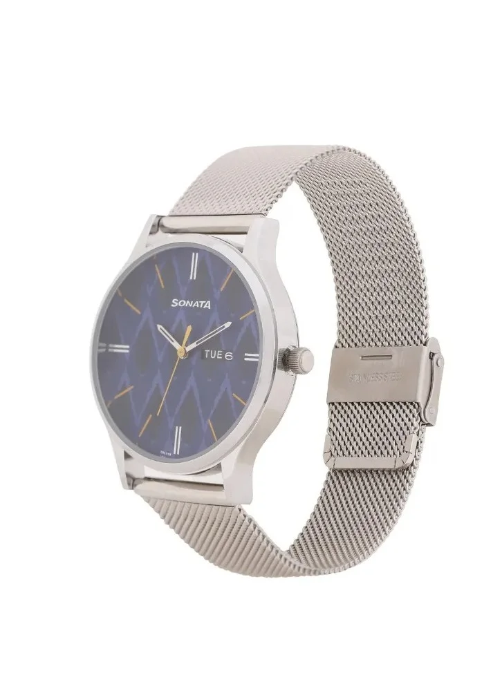 سوناتا ساعة رجالية بسوار ستانلس ستيل وميناء أزرق