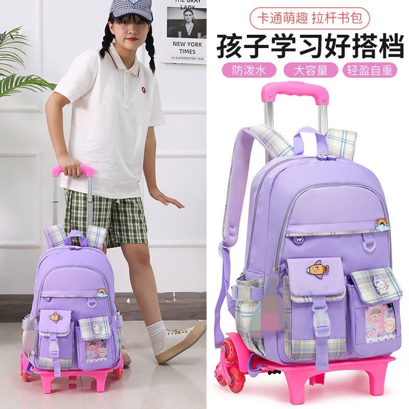 New Trolley School Bag For Primary School Girls In Grades 3-6, Large Capacity, Waterproof, Weight-Reducing, Wheeled Trolley Bag - Image 3