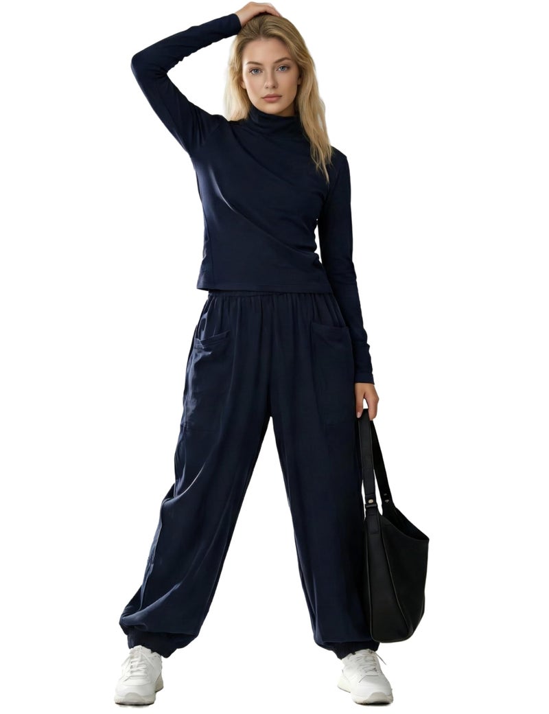 IQSQSQ Womenâ€™s 2 Piece Lounge Set Long Sleeve Top Wide Leg Joggers Elastic Waist with Pockets Casual Travel Outfits(Navy-M) - Image 1