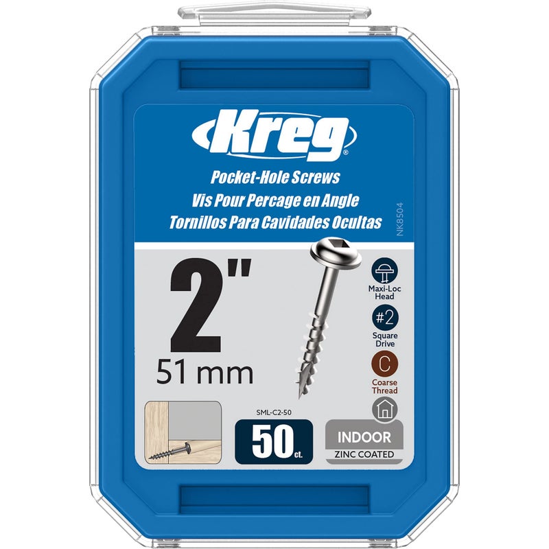 Kreg SML-C2-50 Zinc Pocket Screws, 2-Inch #8 Coarse Thread, Maxi-Loc Head (50 Count) - Image 1