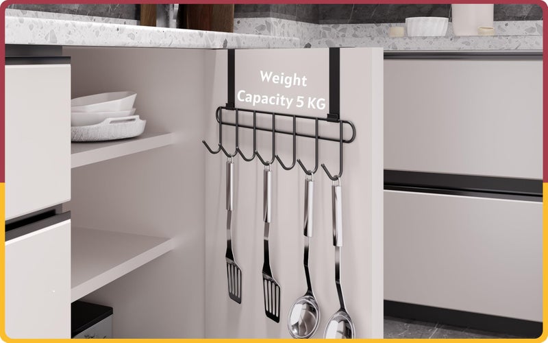 Amiraj Multi-Alloy Steel Over-The-Door Hook Hanger Rack | No Drilling Required, 7 Hooks for Bedroom, Bathroom & Kitchen Doors | Hanging Organizer, Black (Pack of 2) - Image 5