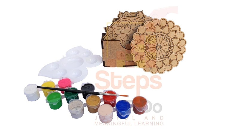 StepsToDo Mandalas Paint Kit D. Tea Coaster Set - Mandal Art, Set of 6 Wooden Base (4 inch) With Case, Colours, Painting Brush and Dish - Image 3