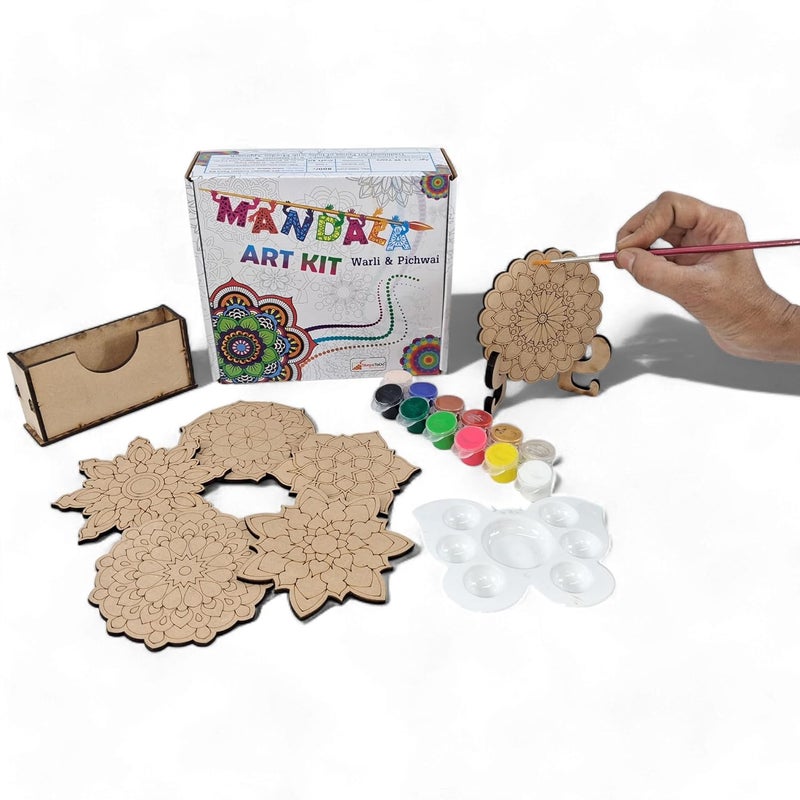 StepsToDo Mandalas Paint Kit D. Tea Coaster Set - Mandal Art, Set of 6 Wooden Base (4 inch) With Case, Colours, Painting Brush and Dish - Image 2