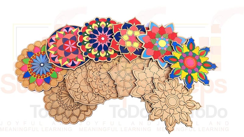 StepsToDo Mandalas Paint Kit D. Tea Coaster Set - Mandal Art, Set of 6 Wooden Base (4 inch) With Case, Colours, Painting Brush and Dish - Image 5