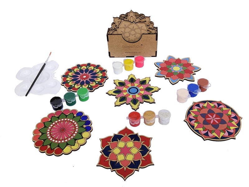 StepsToDo Mandalas Paint Kit D. Tea Coaster Set - Mandal Art, Set of 6 Wooden Base (4 inch) With Case, Colours, Painting Brush and Dish - Image 4