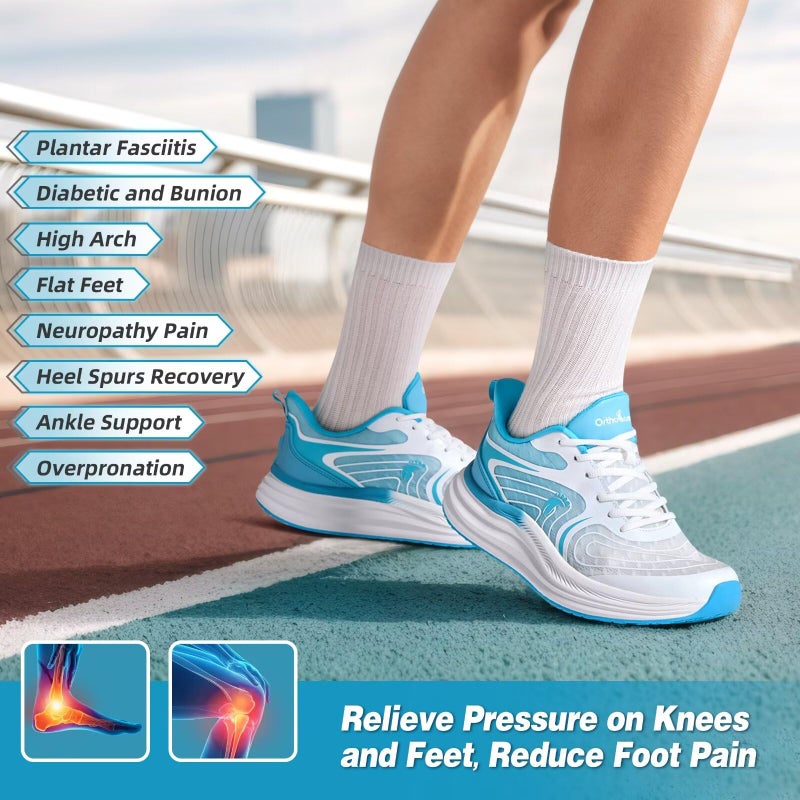 OrthoComfoot Women's Orthopedic Walking Shoes: Comfort Arch Support Heel Spur Arthritis Plantar Fasciitis Tennis Sneakers, Athletic Cushion Thick Sole Outdoor Biking Hiking Trail Sneakers Blue White Size 6 - Image 5