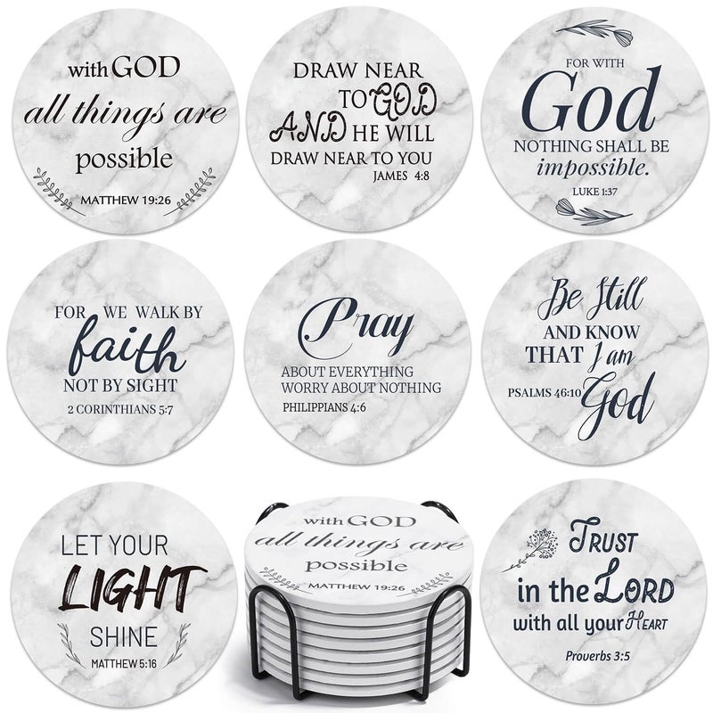 Billbotk Ceramic Coasters with Bible Verses, Coasters Set of 8 with Holder, Absorbent Drink Coasters for Home Decor and Christian Gifts, 4 Inches - Image 1