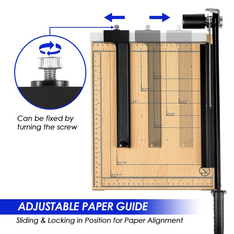 CreGear Paper Cutter, 12" Wood Guillotine Paper Trimmer, 12 Sheet Capacity, Heavy Duty Paper Slicer with Adjustable Guide, Safety Guard and Blade Lock - Image 2