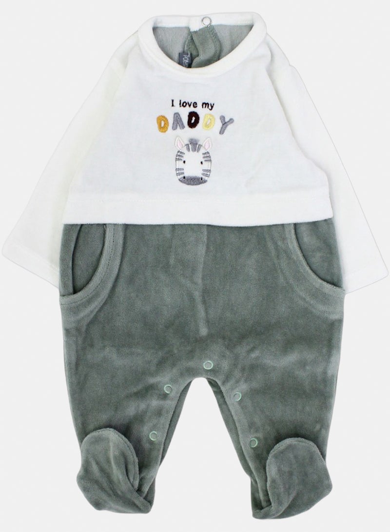 Unisex Baby Velvet Footie – Off-White & Mint with Zebra Embroidery