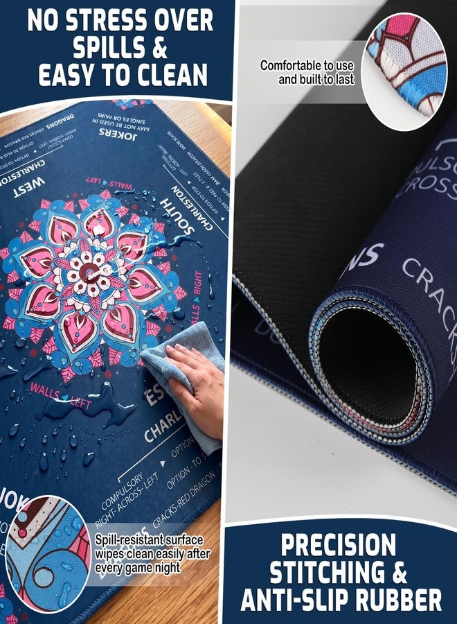 NewShot American Mahjong Mat with Rules, 32.5"x32.5"Mandala Floral Blue Mahjong Pad - Image 5