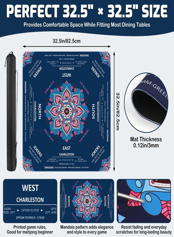 NewShot American Mahjong Mat with Rules, 32.5"x32.5"Mandala Floral Blue Mahjong Pad - Image 2