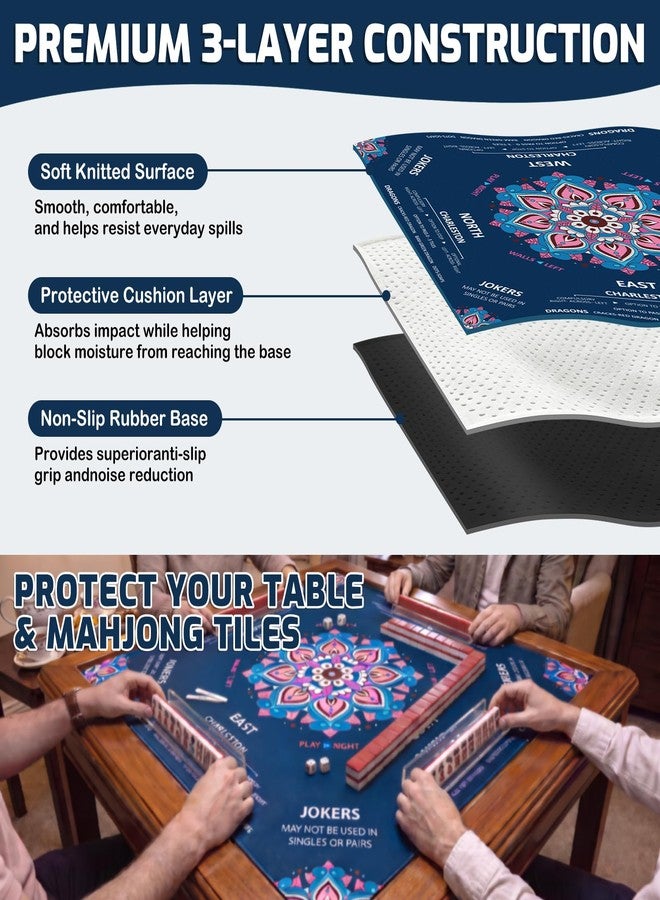 NewShot American Mahjong Mat with Rules, 32.5"x32.5"Mandala Floral Blue Mahjong Pad - Image 3