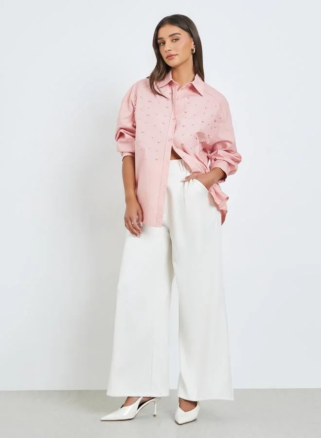 Styli Pink Pearl Embellished Relaxed Fit Shirt