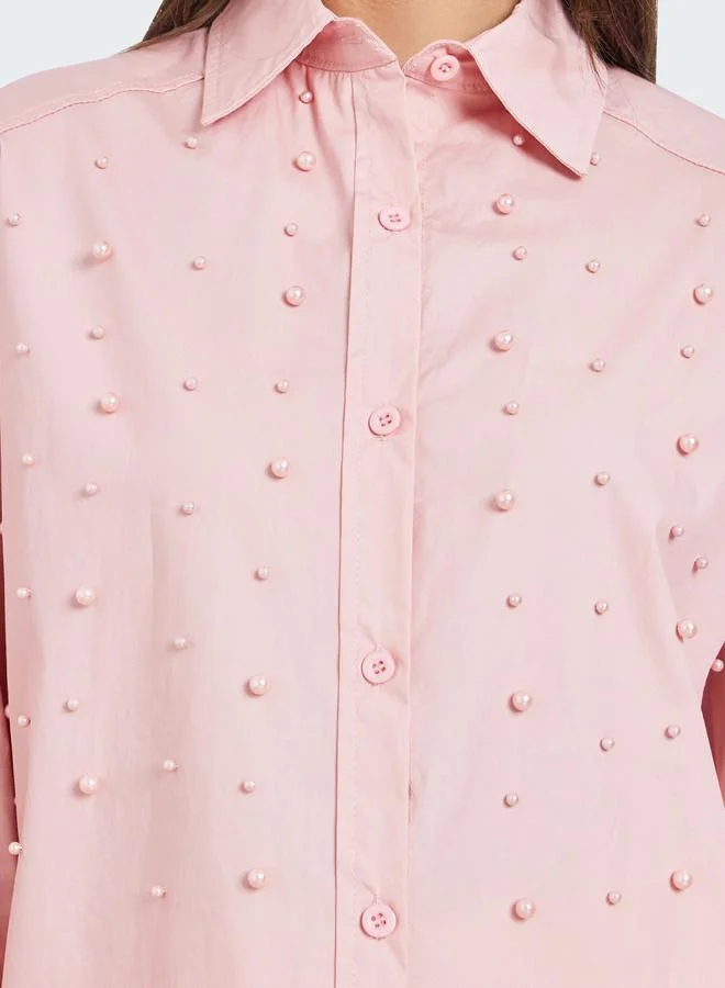 Styli  Pink Pearl Embellished Relaxed Fit Shirt for Women | Best Price UAE