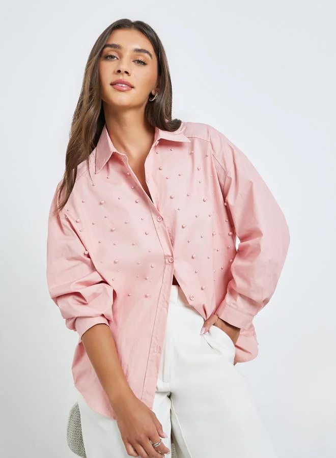 Styli  Pink Pearl Embellished Relaxed Fit Shirt for Women | Best Price UAE