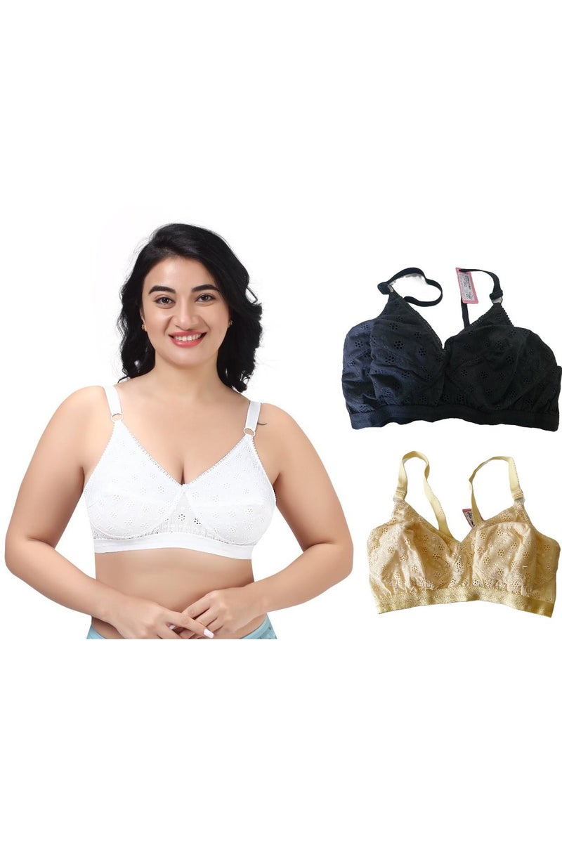 RAJNI Pack of 3 Women Bra 100% Cotton Breathable Non-Padded Double Layer Adjustable Straps Wire-free Plus Size  - Image 2
