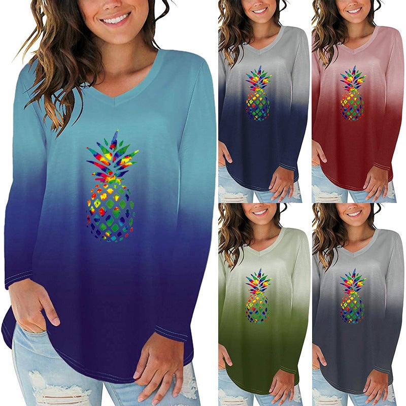2020 New Gradient Color Pineapple Print Irregular Hem Women'S V-Neck Long Sleeve T-Shirt - Image 2