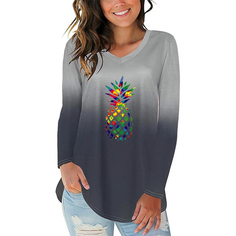 2020 New Gradient Color Pineapple Print Irregular Hem Women'S V-Neck Long Sleeve T-Shirt - Image 3