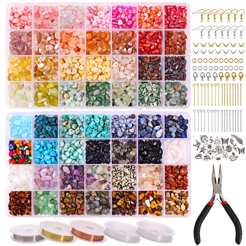 QUEFE 1800pcs 56 Colors Crystal Beads Ring Making Kit Gemstone Chip Beads Irregular Natural Stone with Jewelry Making Supplies for DIY Craft Bracelet Necklace Earrings Craft Gifts