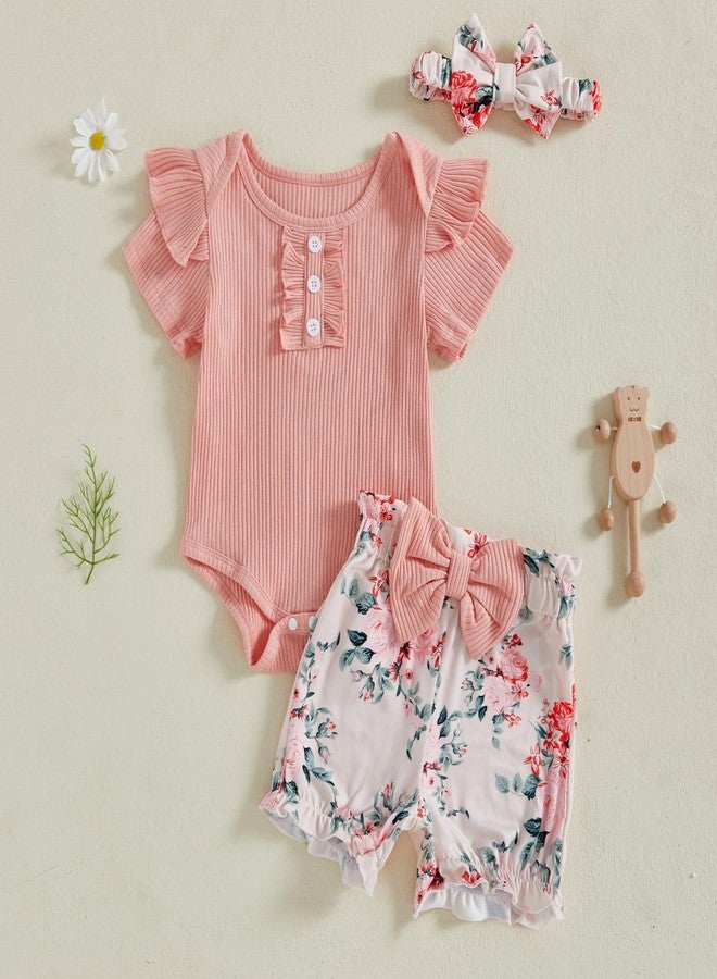 FOMOYUU Infant Baby Girl Summer Clothes Newborn Outfit Ruffle Sleeve Romper and Floral Print Short Pants Clothing Sets (Pink, 12-18 Months) - Image 2