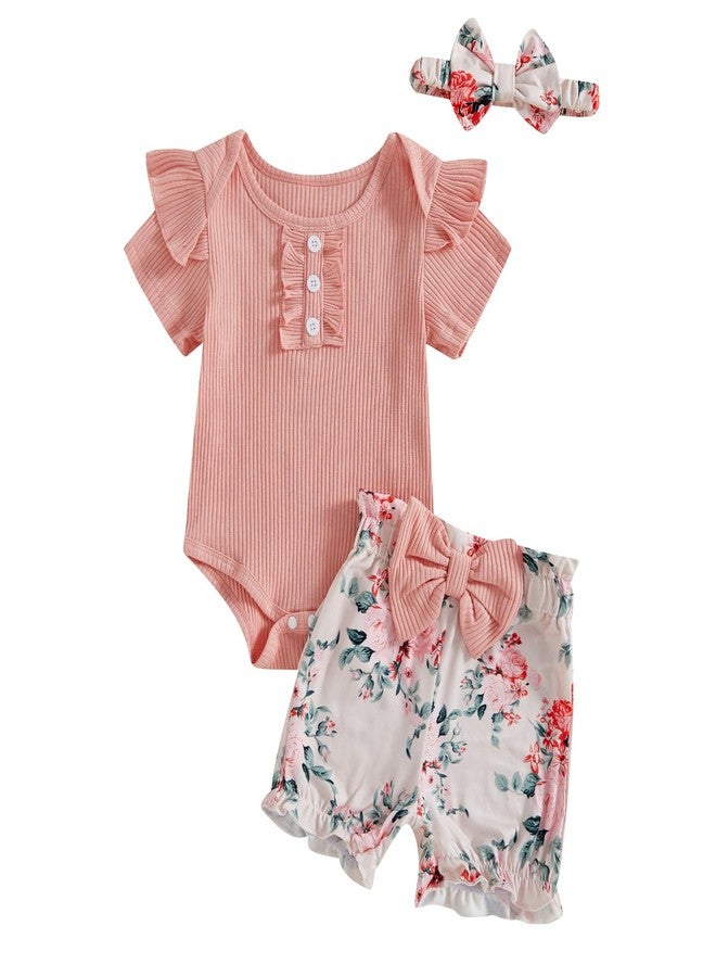 FOMOYUU Infant Baby Girl Summer Clothes Newborn Outfit Ruffle Sleeve Romper and Floral Print Short Pants Clothing Sets (Pink, 12-18 Months) - Image 1