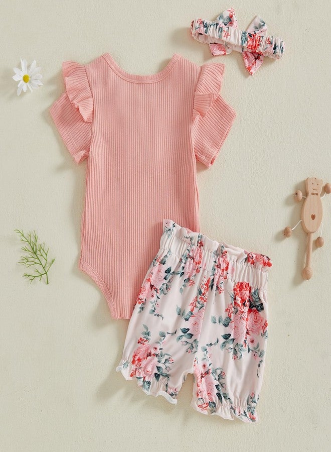 FOMOYUU Infant Baby Girl Summer Clothes Newborn Outfit Ruffle Sleeve Romper and Floral Print Short Pants Clothing Sets (Pink, 12-18 Months) - Image 3