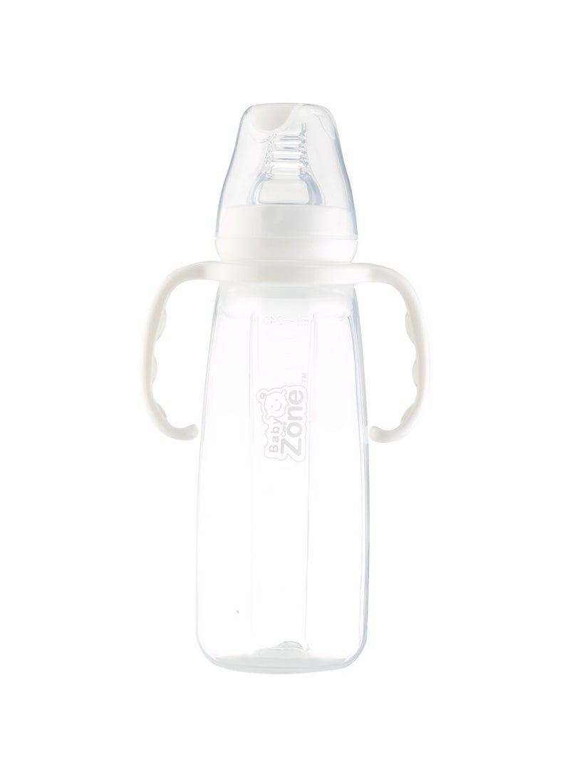 BABY ZONE Baby Zone Baby Feeding Bottle with Double Handles and Transparent Cap – 240ml – White - Image 1