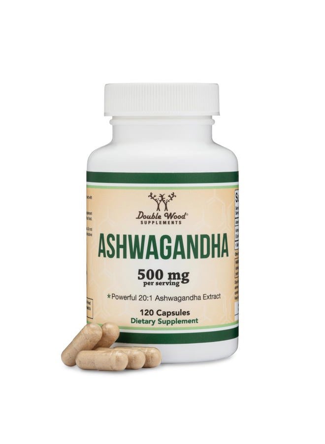 Double Wood Supplements Ashwagandha Capsules, 120 Count (500mg Extract 20:1 Potency) Adaptogen Stress Relief by Double Wood - Image 1