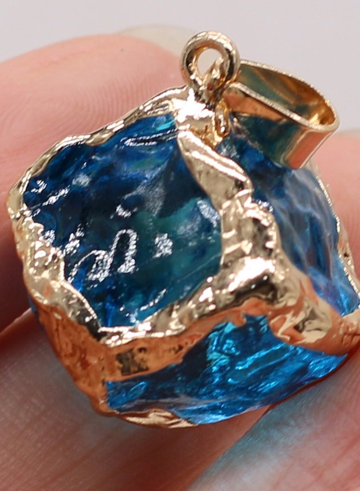 Blue Natural Stone Crystal 25x25mm Square Glass Pendant with Gold Edge - Image 1