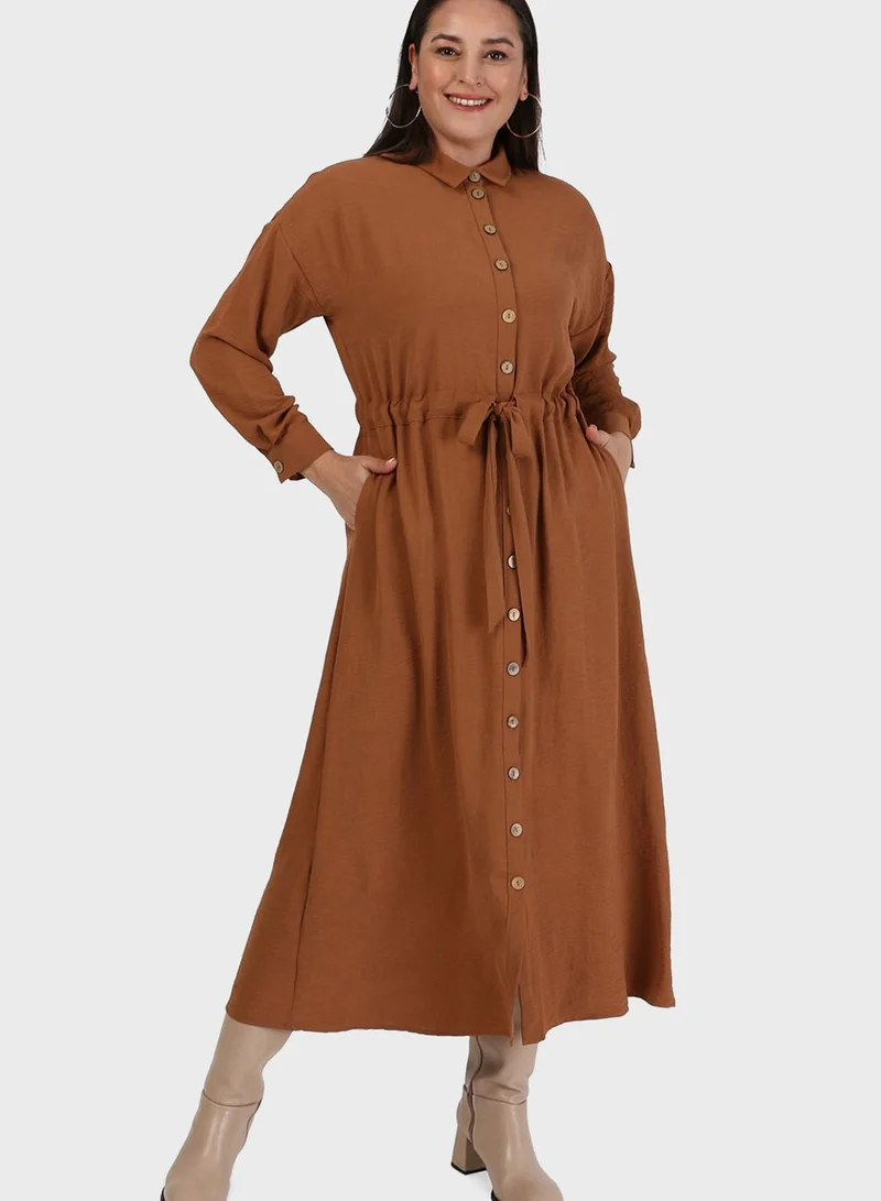 Alia by modanisa Button Down Ruched Waist Shirt Dress