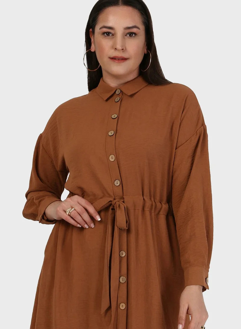 Alia by modanisa Button Down Ruched Waist Shirt Dress
