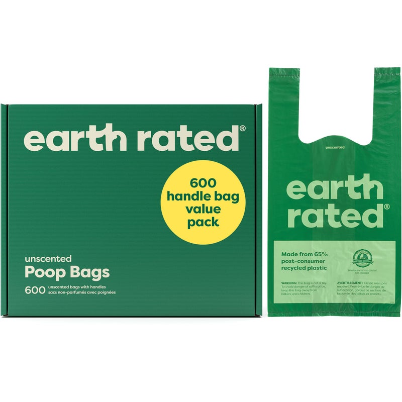 Earth Rated Dog Poop Bags with Handles Value Pack Easy Tie and Guaranteed Leakproof Unscented 600 Handle Bags