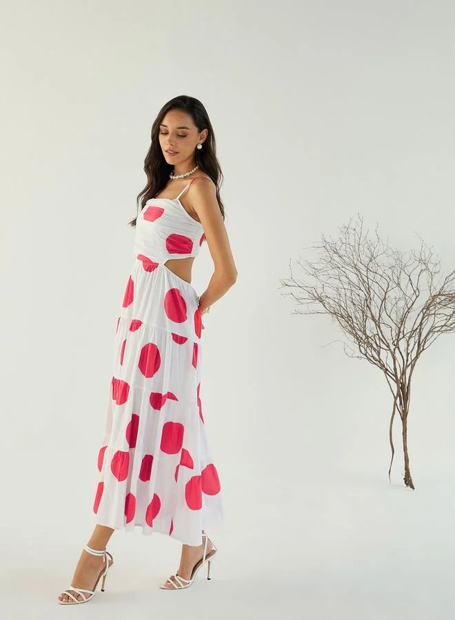 SASSAFRAS Sassafras White Back Cut-Out Polka Dot Midi Dress
