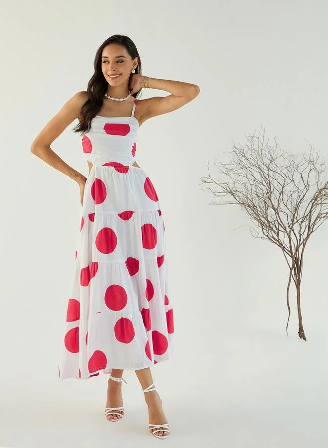 SASSAFRAS Sassafras White Back Cut-Out Polka Dot Midi Dress