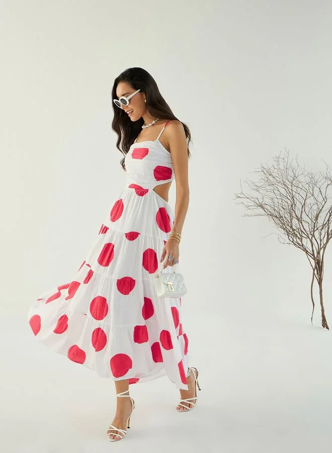 SASSAFRAS Sassafras White Back Cut-Out Polka Dot Midi Dress