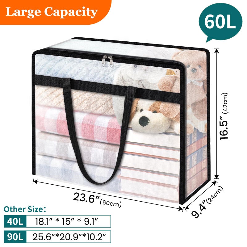 TasticTotes 6 Pack Clear Storage Bags for Comforter, Clothes u0026 Bedding, Plastic Blanket Storage with Zipper and Handle, Moving Bags, Closet Organizer and Under-Bed Storage (60L) - Image 2