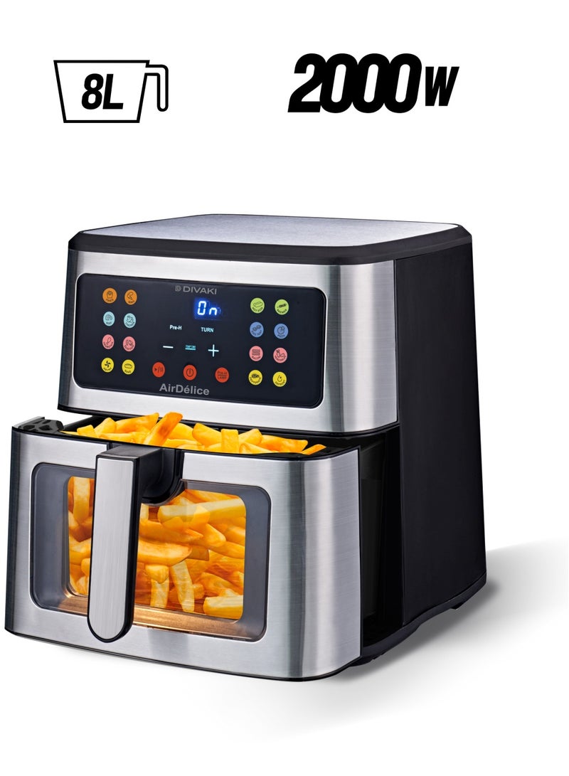 ديفاكي مقلاة ديفاكي الهوائية الرقمية سهلة القلي والشواية، تسخين تلقائي مسبق، 16 مجموعة مسبقة، عناصر تسخين مزدوجة (علوية وسفلية) l 2000 وات، 50/60 هرتز، 8 لتر، تشطيب فولاذي وأسود - Image 1