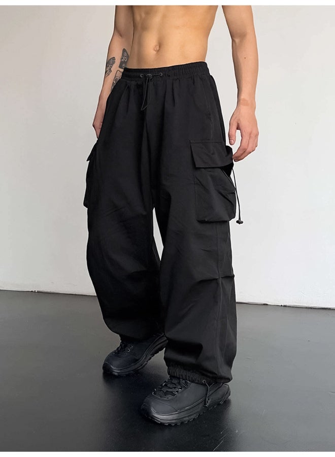 Maniac Mens Solid Side Pockets Black Nylon fabric Baggy fit Cargo Pant - Image 1