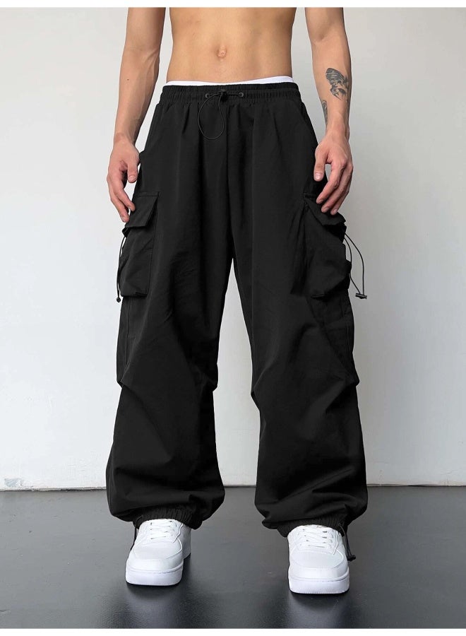 Maniac Mens Solid Side Pockets Black Nylon fabric Baggy fit Cargo Pant - Image 2