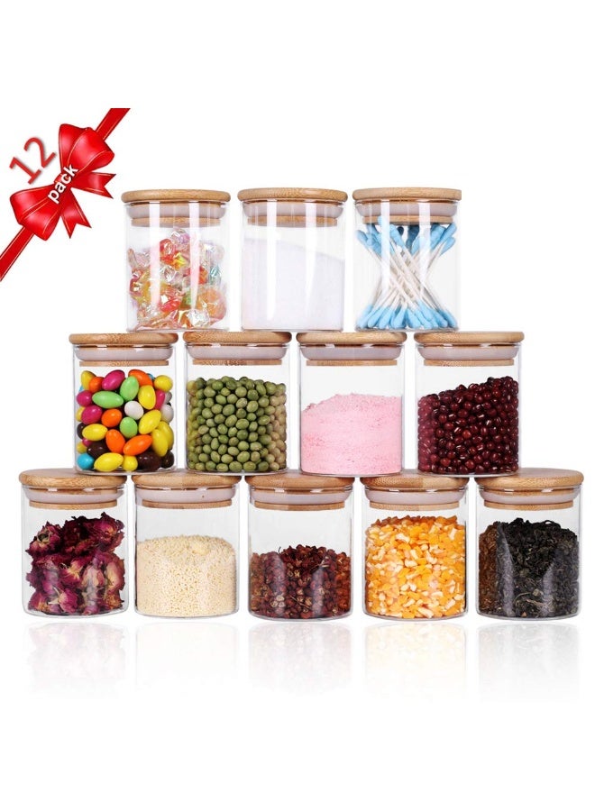 Tzerotone Glass Jars Set,Upgrade Spice Jars with Wood Airtight Lids and Labels, 6oz 12 Piece Small Food Storage Containers for Home Kitchen, Tea, Herbs, Sugar, Salt, Coffee, Flour, Herbs, Grains… - Image 1