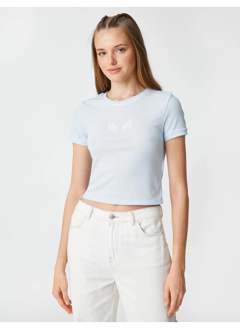 كوتون Crop T-Shirt Printed Crew Neck Short Sleeve Ribbed