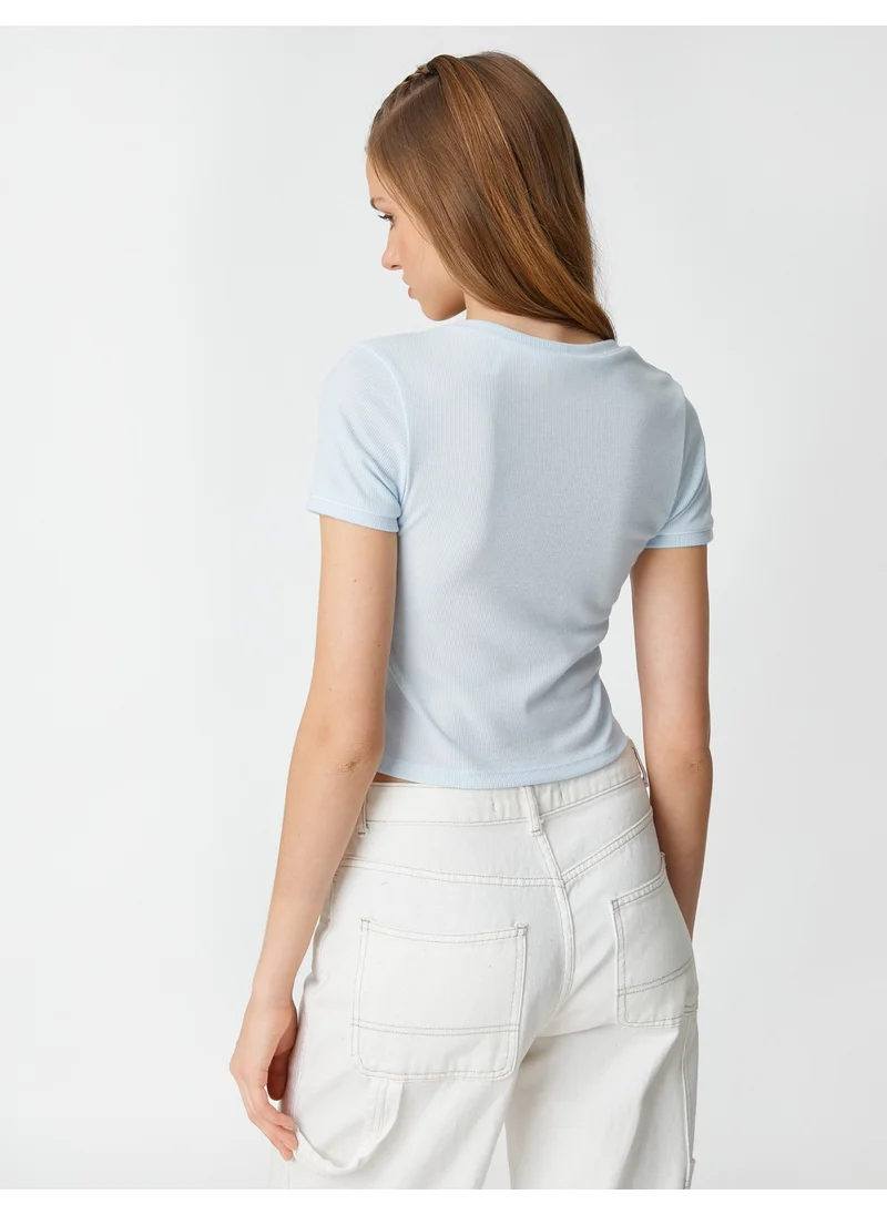 كوتون Crop T-Shirt Printed Crew Neck Short Sleeve Ribbed