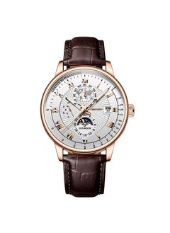 Trendy Mens Starry Sky Watch with Calendar White-faced rose-gold-shell brown band
